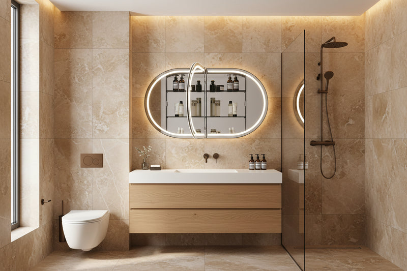Luxe Ovaal-Rechthoekige Spiegelkast in Mat Zwart met LED-Baan Rondom - Hipp Design