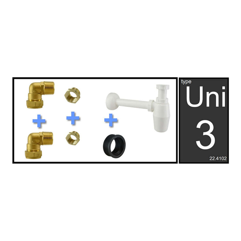 Uni-3 fontein- en wastafelaansluitset met PVC sifon