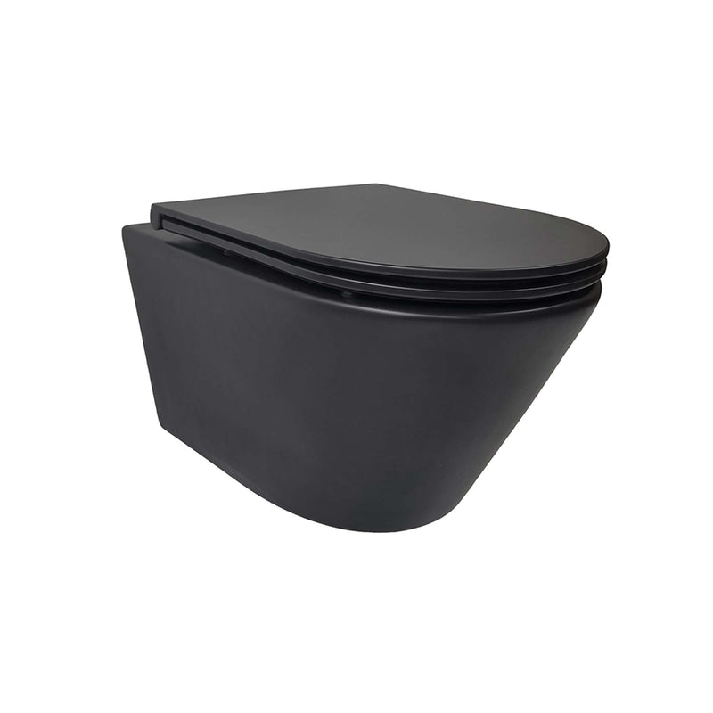 Wandtoilet Wiesbaden matzwart met Flatline Soft Close en Quick Release toiletbril voor eenvoudig onderhoud.