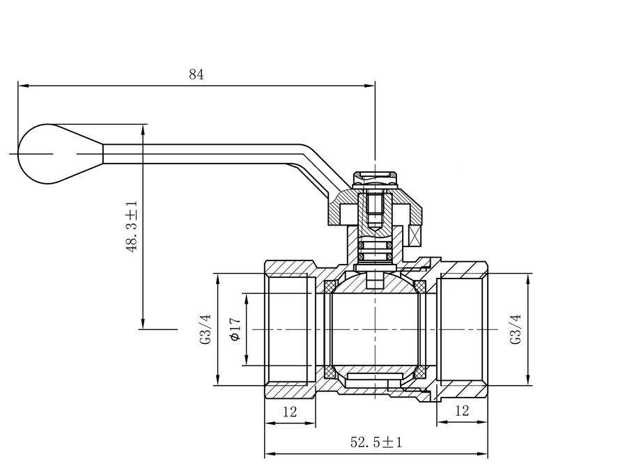 Riko 1050 kogelkraan met aluminium hendel 3/4" - technische tekening