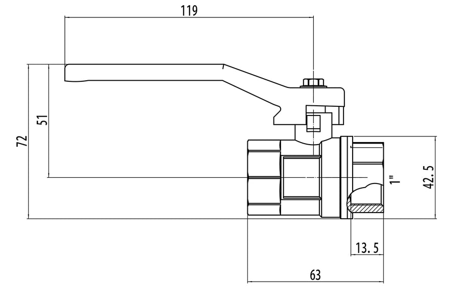 Riko 1050 kogelkraan met aluminium hendel 1" - technische tekening