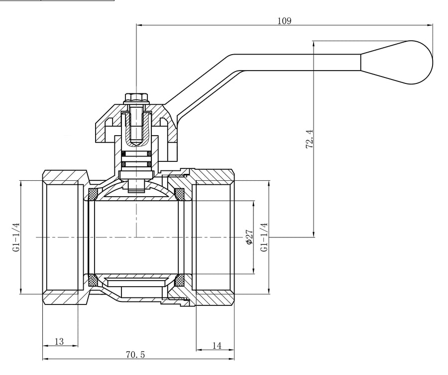 Riko 1050 kogelkraan met aluminium hendel 5/4" - technische tekening