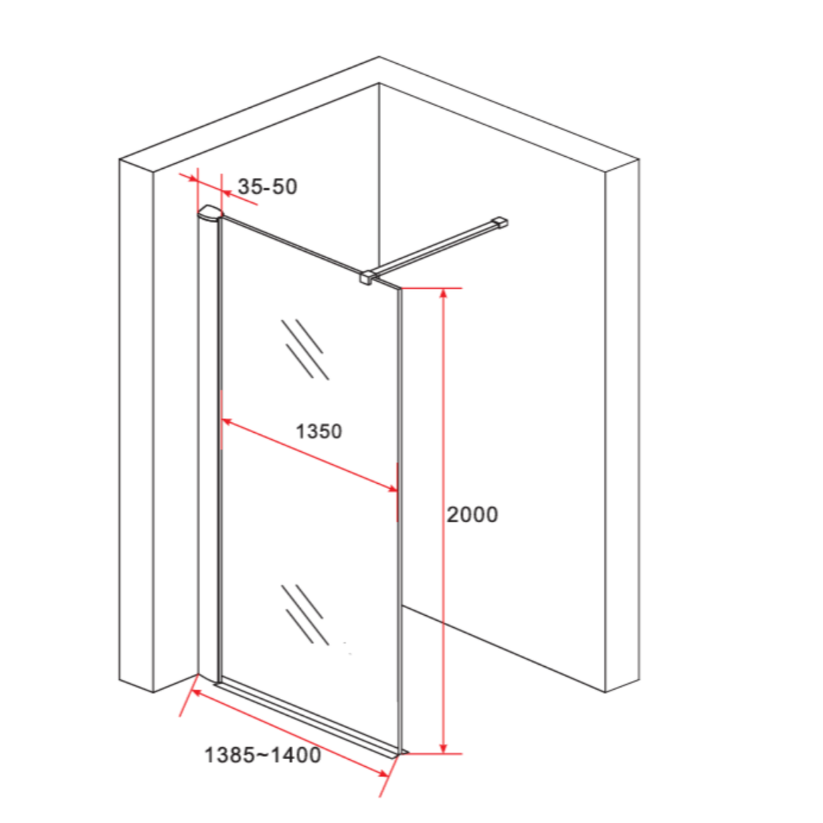 Aloni inloopdouchewand rookglas 140 cm technische tekening