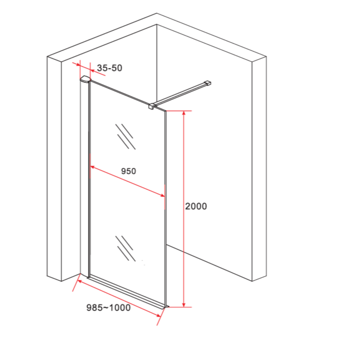 Aloni inloopdouchewand rookglas 100 cm technische tekening