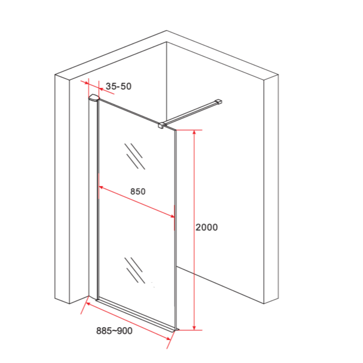 Aloni inloopdouchewand rookglas 90 cm technische tekening
