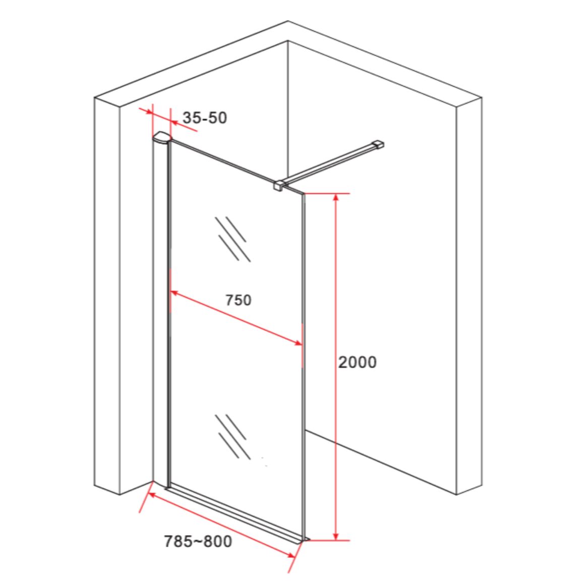 Aloni inloopdouchewand rookglas 80 cm technische tekening