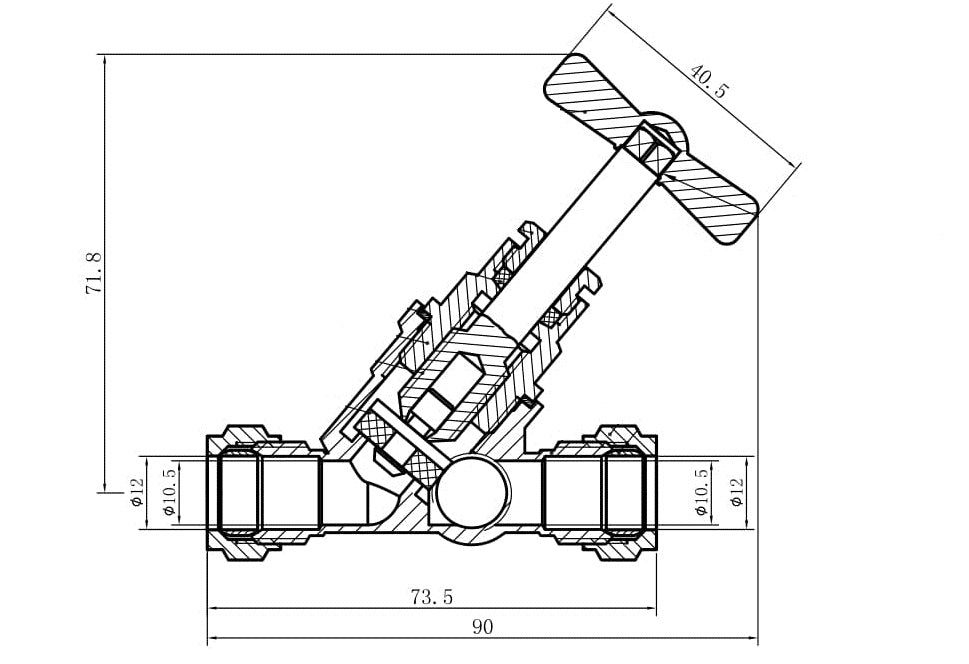 Riko stopkraan knel x knel met aftapgelegenheid 12 mm - technische tekening