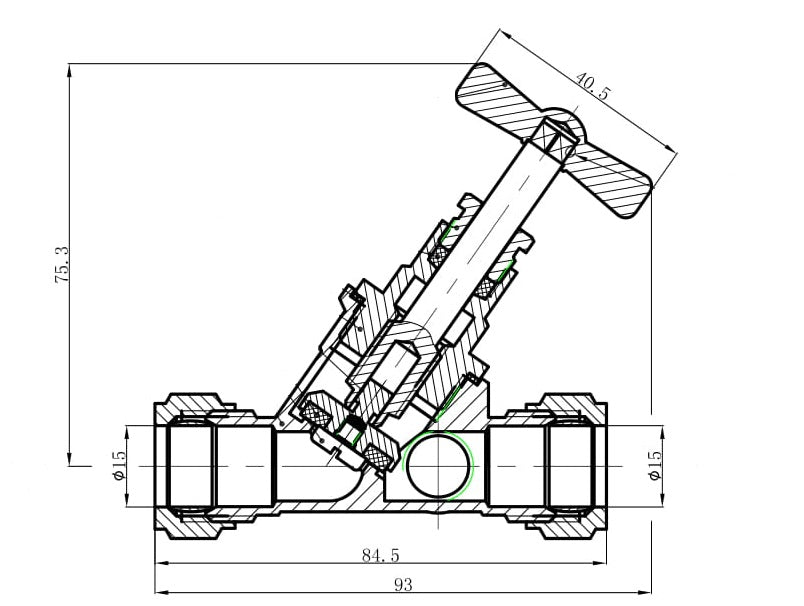 Riko stopkraan knel x knel met aftapgelegenheid 15 mm - technische tekening