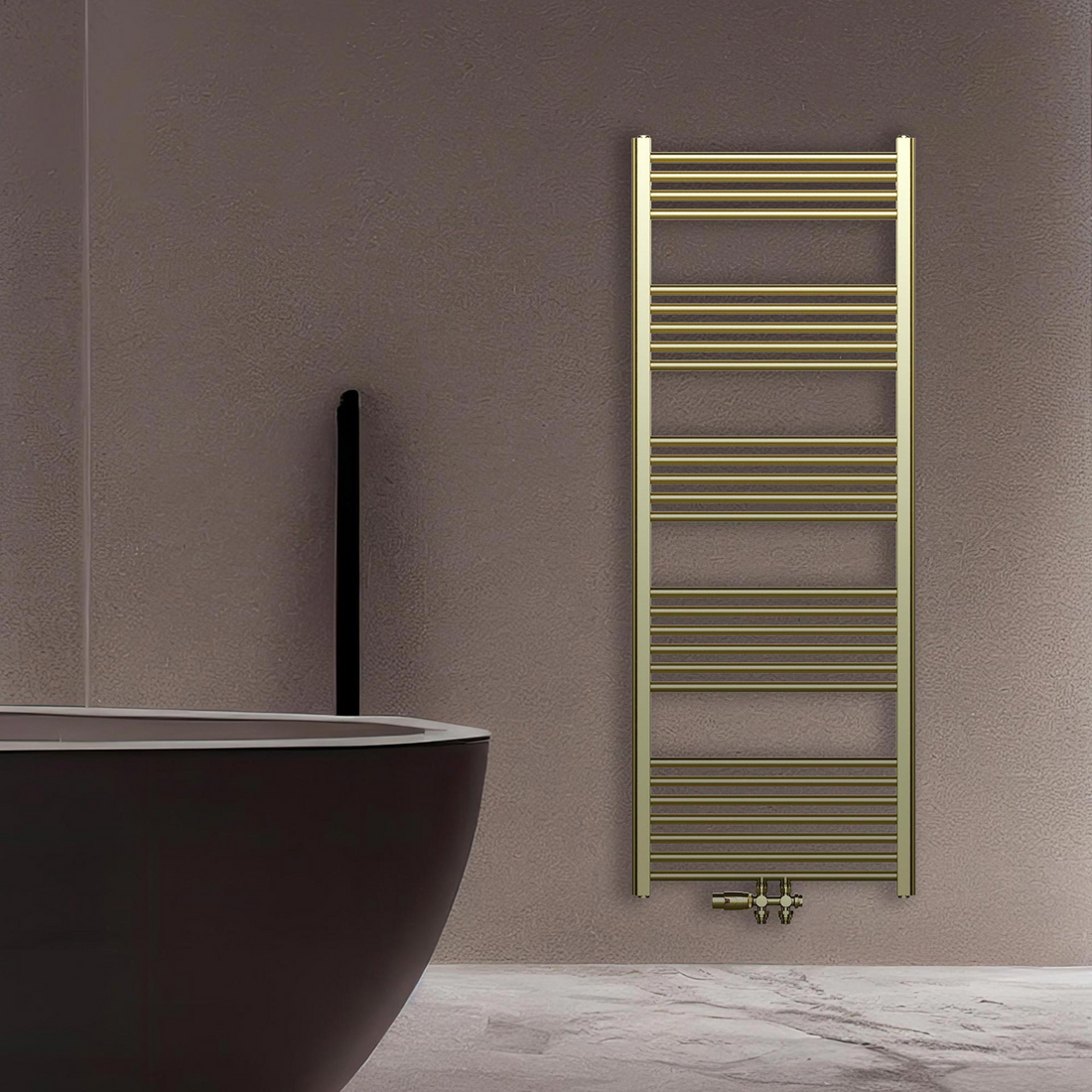 Belrad badkamerradiator middenaansluiting geborsteld goud – sfeerfoto