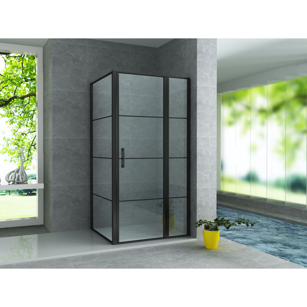 ALONI Douchecabine met Draaideur, Vast Wandje en Zijwand – 8 mm Veiligheidsglas – Helder Glas met Zwart Raster – Omkeerbaar