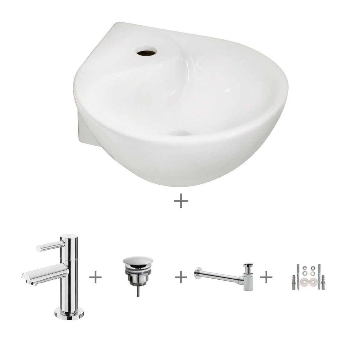 Wiesbaden One Pack Porta hoekfontein glans wit compleet met Amador toiletkraan, afvoerplug, sifon en ophangset chroom