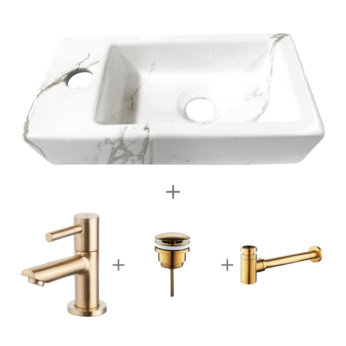 Wiesbaden Fonteinset Rhea S mini carrara links compleet met kraan, afvoerplug en sifon goud