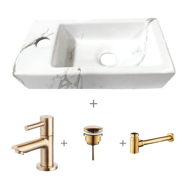 Lave-mains Wiesbaden Rhea S mini avec vasque en carrare, robinet, siphon et bonde d'évacuation