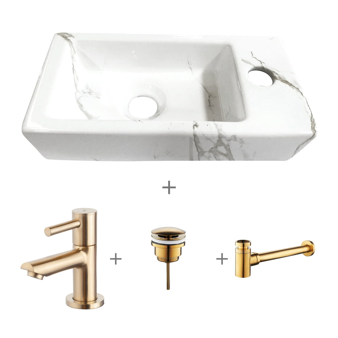 Wiesbaden Fonteinset Rhea S mini carrara rechts compleet met kraan, afvoerplug en sifon goud