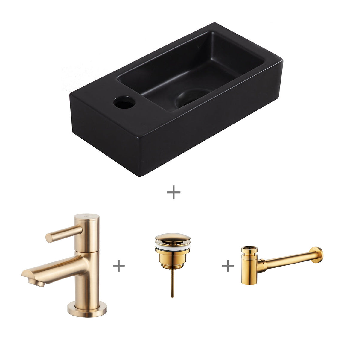 Wiesbaden Fonteinset Rhea S mini quartz zwart links compleet met kraan, afvoerplug en sifon geborsteld messing
