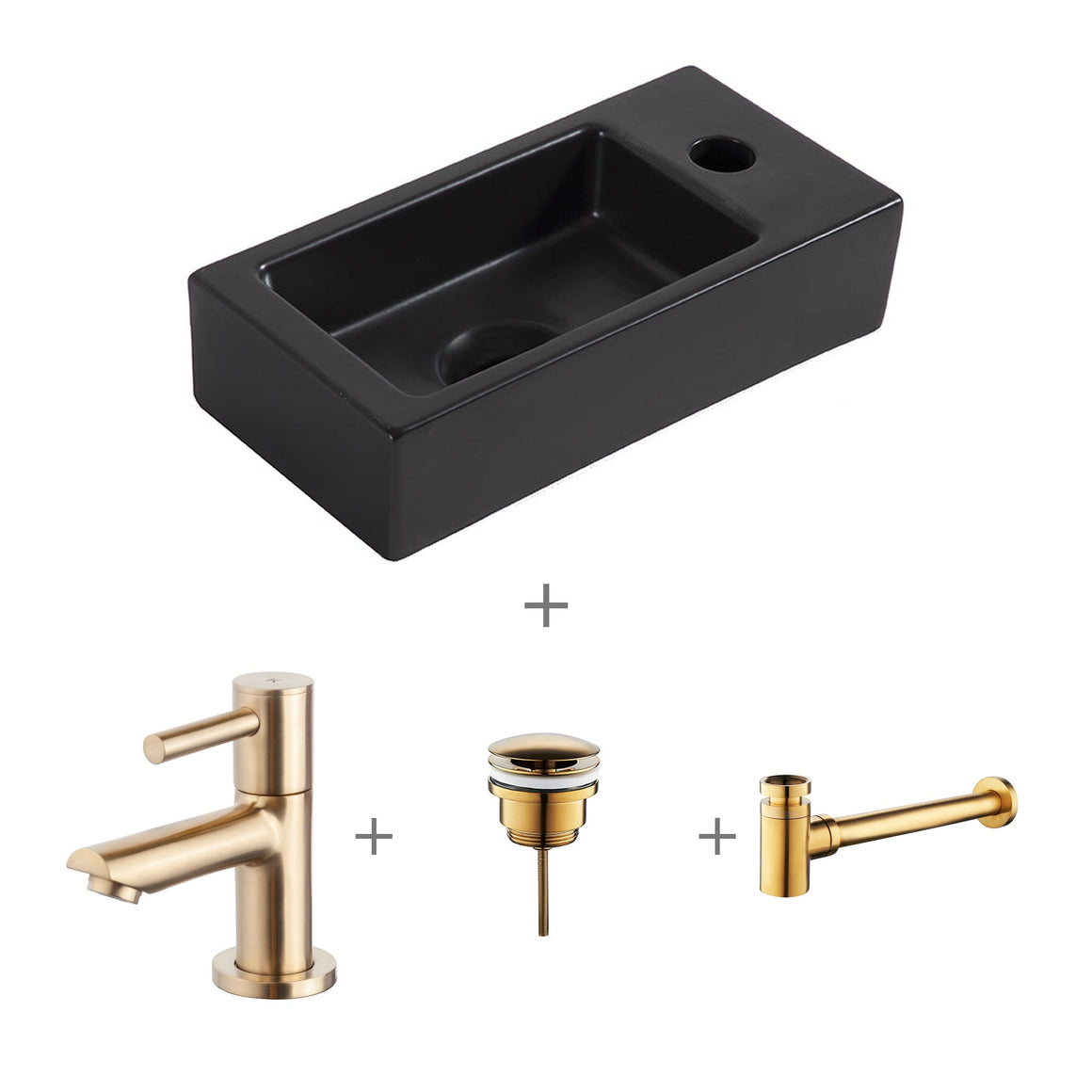 Wiesbaden Fonteinset Rhea S mini quartz zwart rechts compleet met kraan, afvoerplug en sifon geborsteld messing