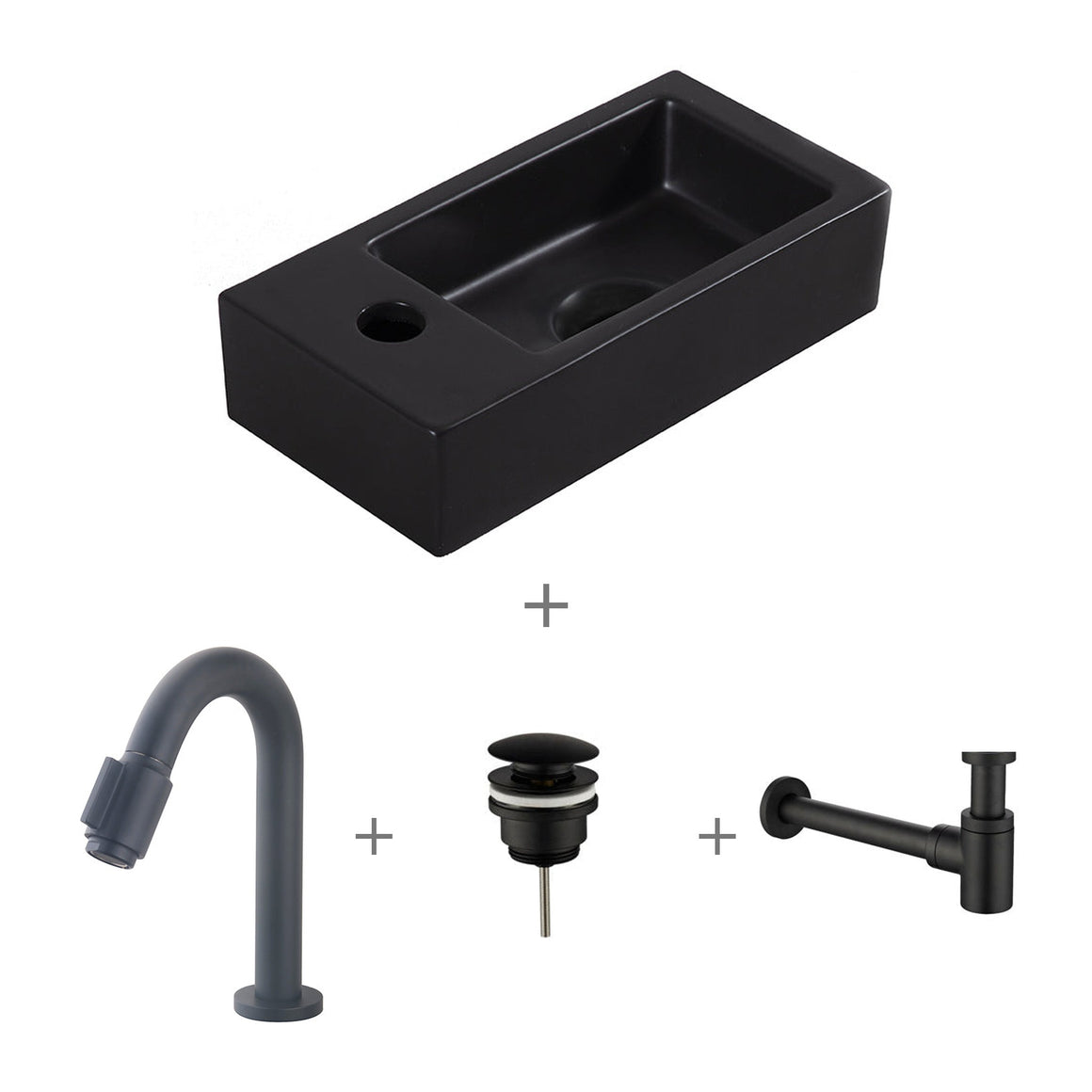 Wiesbaden Fonteinset Rhea S mini quartz mat zwart links compleet met kraan, afvoerplug en sifon mat zwart