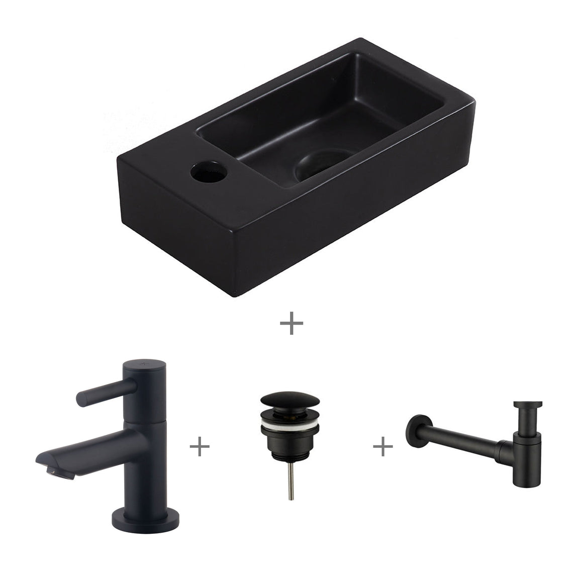 Wiesbaden Fonteinset Rhea S mini mat zwart links compleet met kraan, afvoerplug en sifon mat zwart