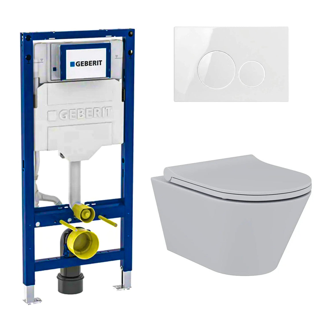 DutchLine Avva grijs toiletset met Geberit UP320 inbouwreservoir en DutchLine drukplaat glans wit