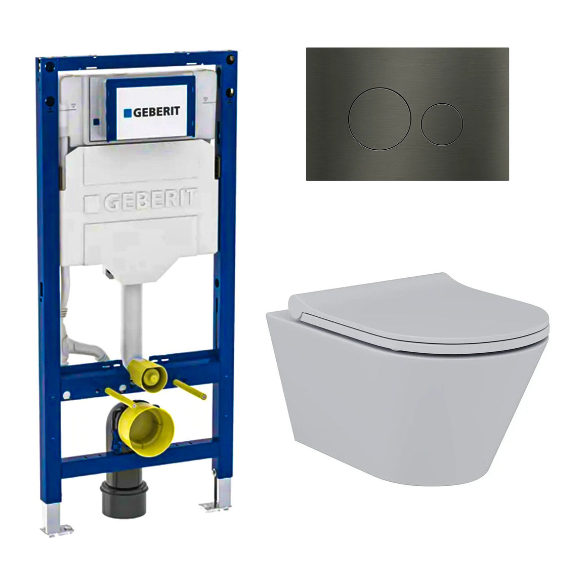 DutchLine Avva grijs toiletset met Geberit UP320 inbouwreservoir en DutchLine drukplaat gunmetal