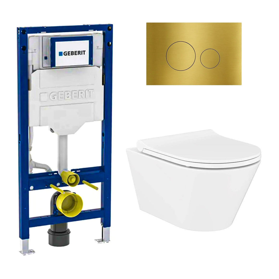 DutchLine Avva met bidet glans wit toiletset met Geberit UP320 inbouwreservoir en DutchLine drukplaat geborsteld messing goud