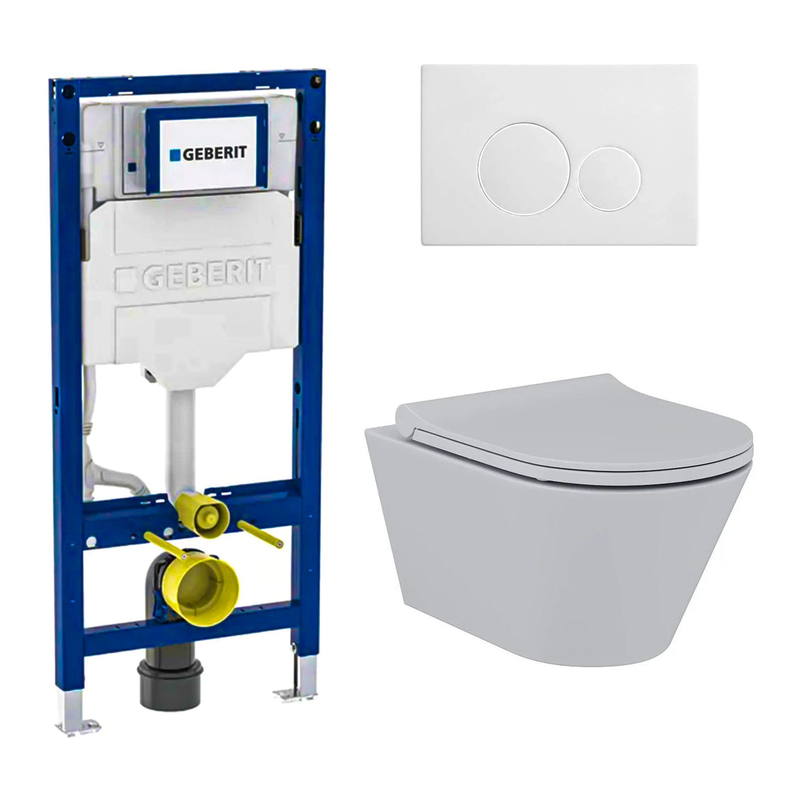 DutchLine Avva met bidet grijs toiletset met Geberit UP320 inbouwreservoir en DutchLine drukplaat mat wit
