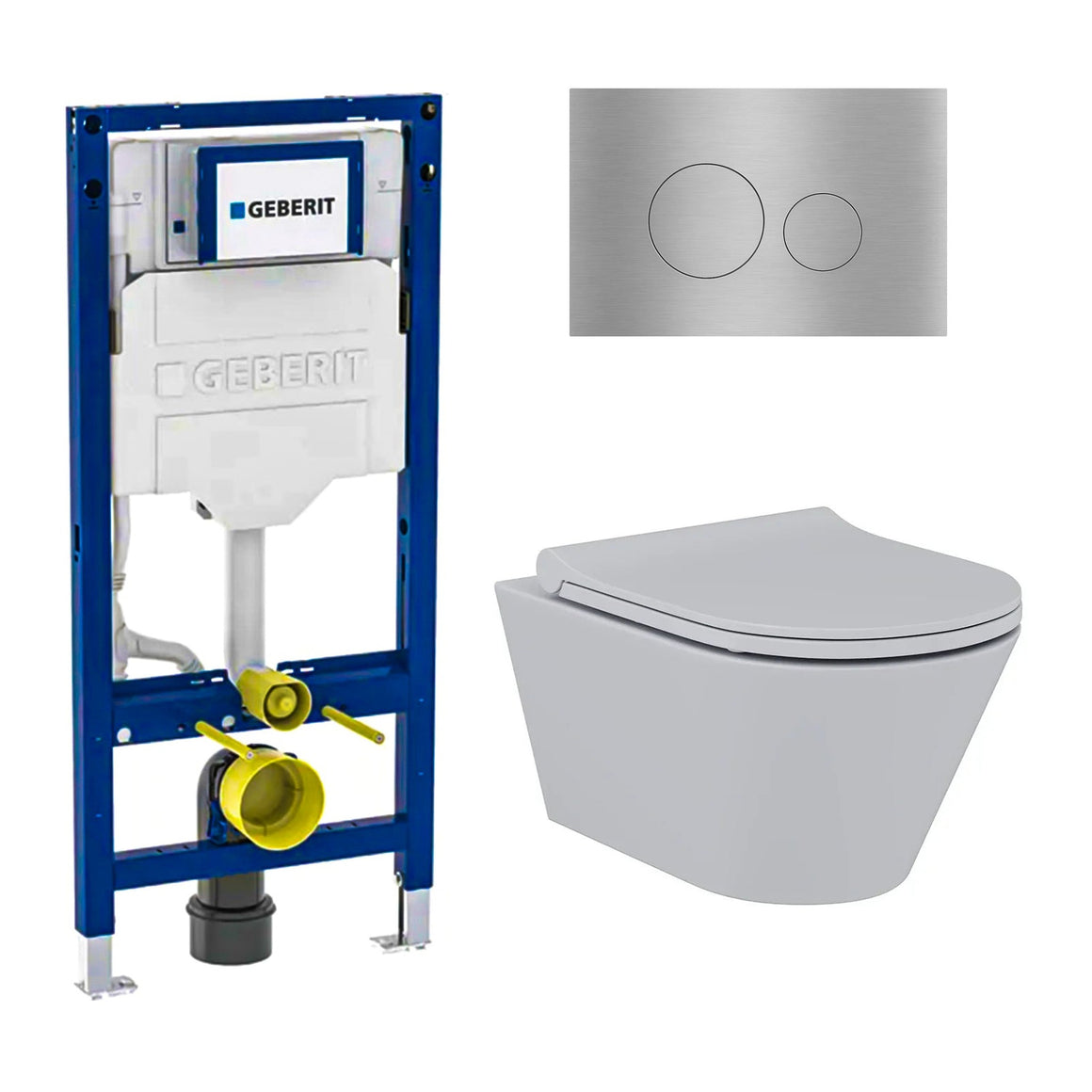 DutchLine Avva met bidet grijs toiletset met Geberit UP320 inbouwreservoir en DutchLine drukplaat geborsteld staal