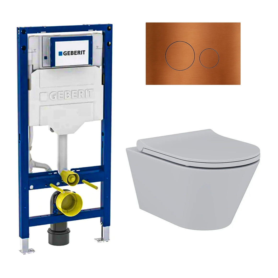 DutchLine Avva met bidet grijs toiletset met Geberit UP320 inbouwreservoir en DutchLine drukplaat geborsteld koper