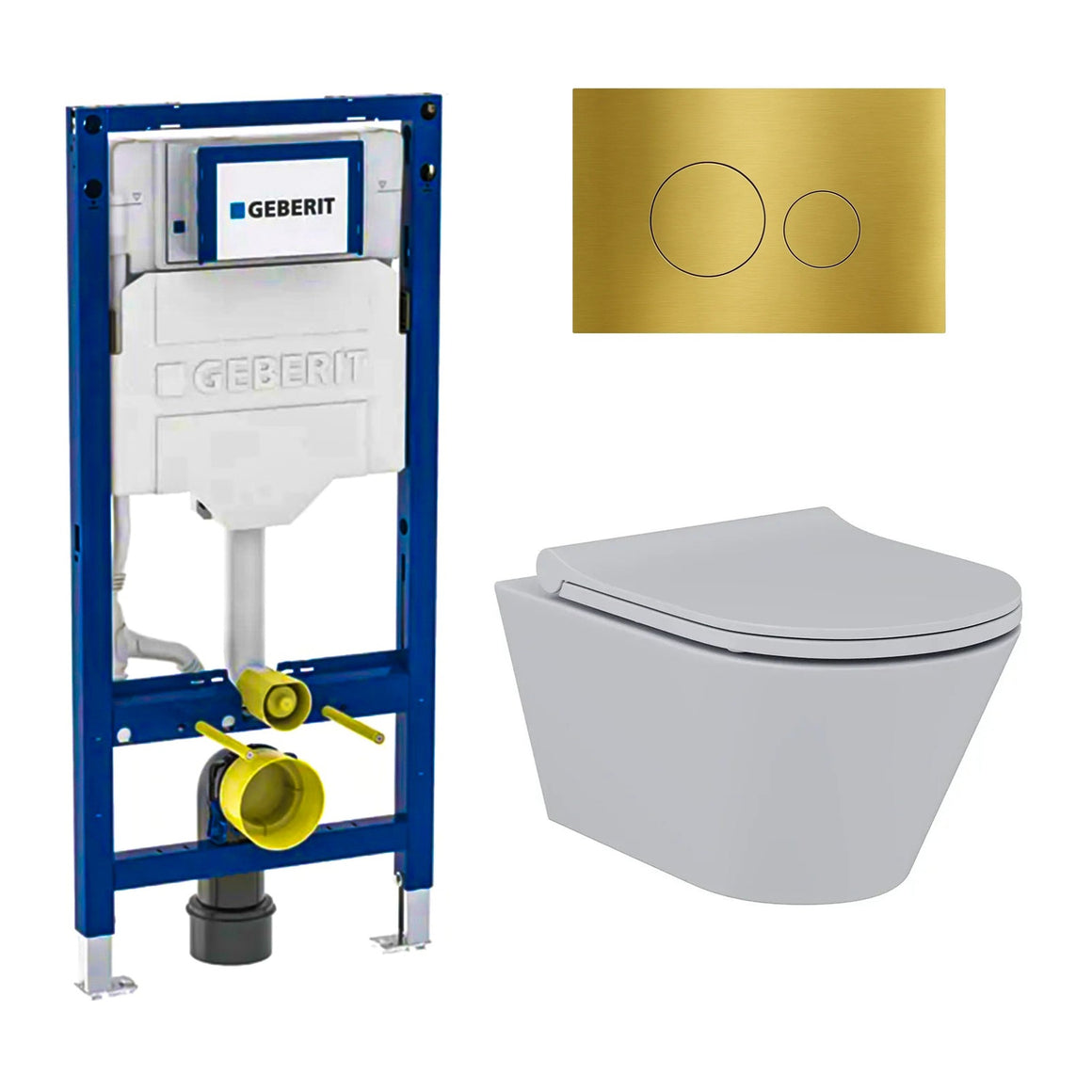 DutchLine Avva met bidet grijs toiletset met Geberit UP320 inbouwreservoir en DutchLine drukplaat geborsteld messing goud