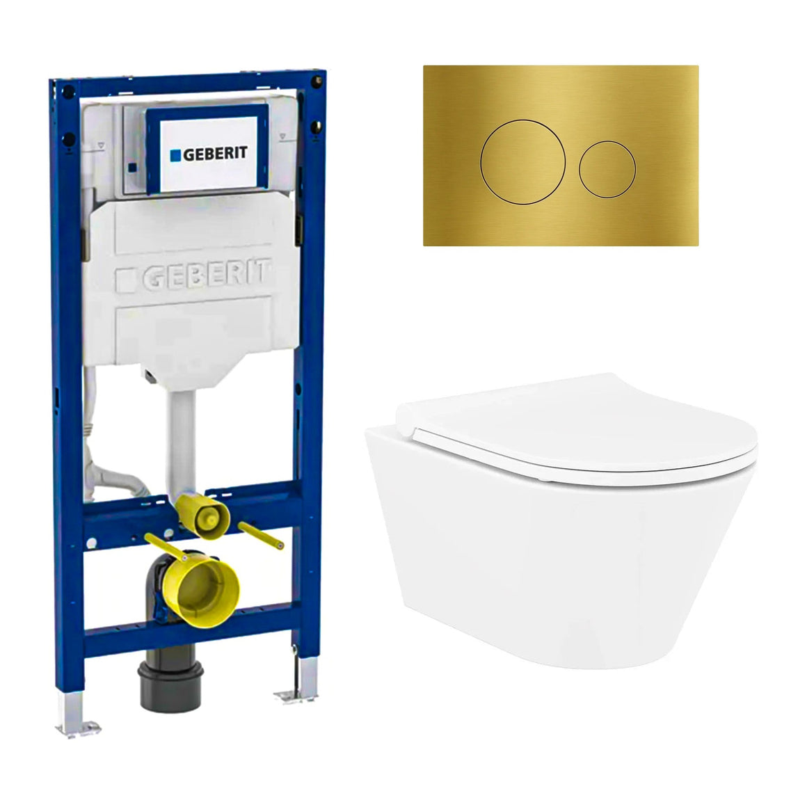 DutchLine Avva met bidet mat wit toiletset met Geberit UP320 inbouwreservoir en DutchLine drukplaat geborsteld messing goud