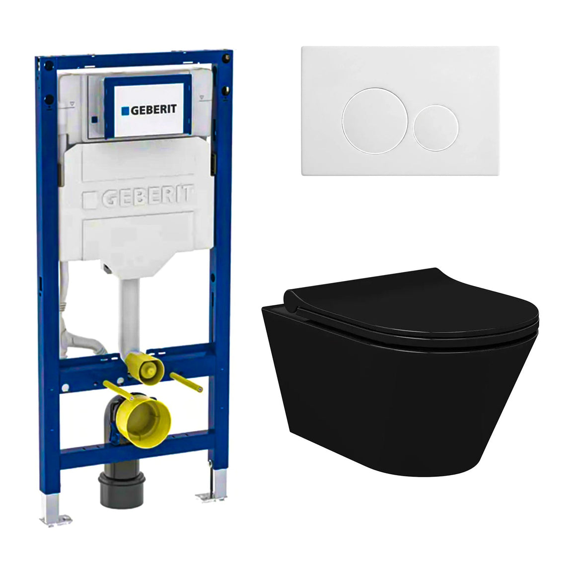 DutchLine Avva met bidet mat zwart toiletset met Geberit UP320 inbouwreservoir en DutchLine drukplaat mat wit