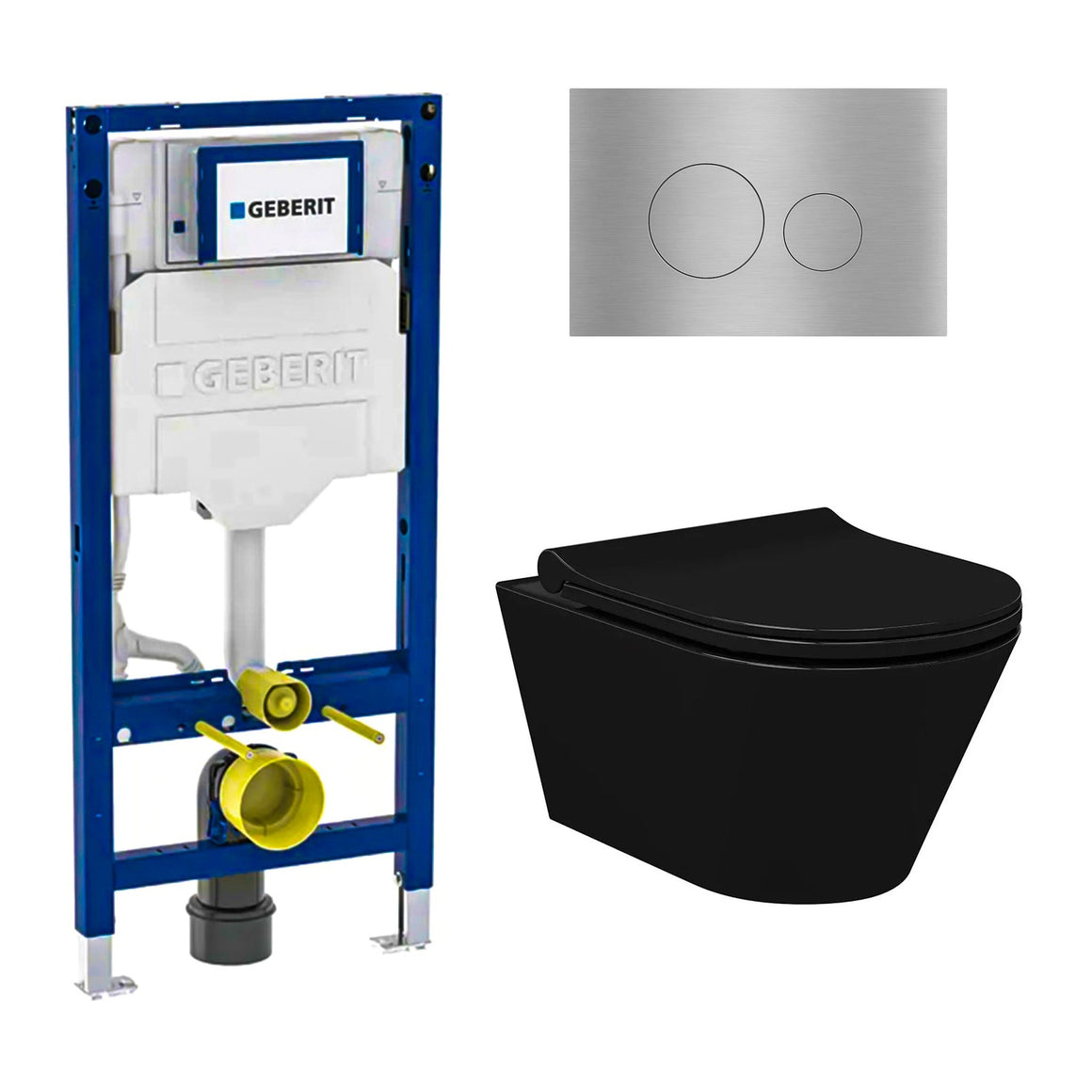 DutchLine Avva met bidet mat zwart toiletset met Geberit UP320 inbouwreservoir en DutchLine drukplaat geborsteld staal