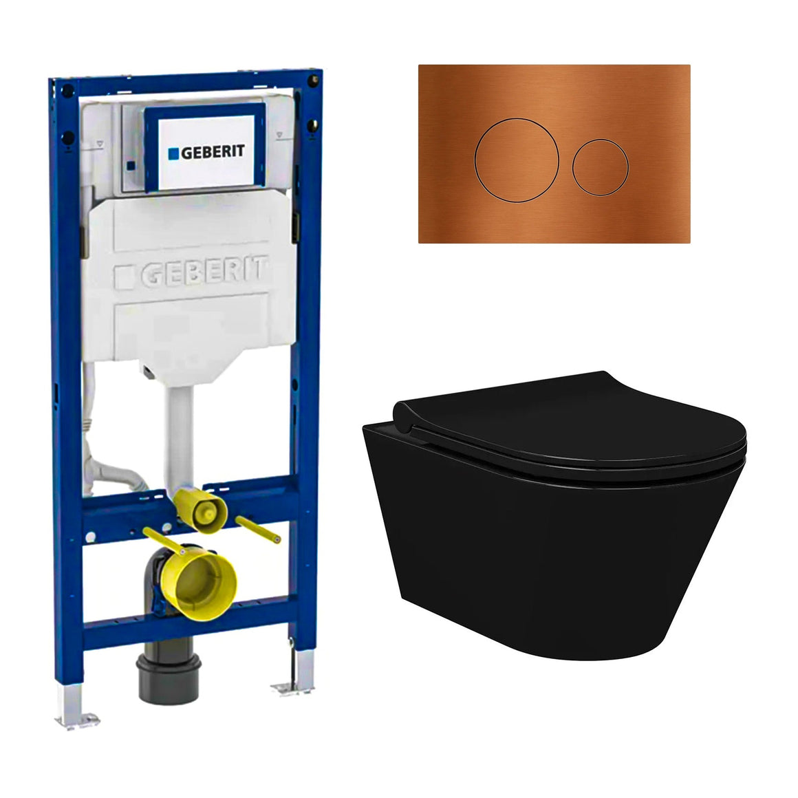 DutchLine Avva met bidet mat zwart toiletset met Geberit UP320 inbouwreservoir en DutchLine drukplaat geborsteld koper