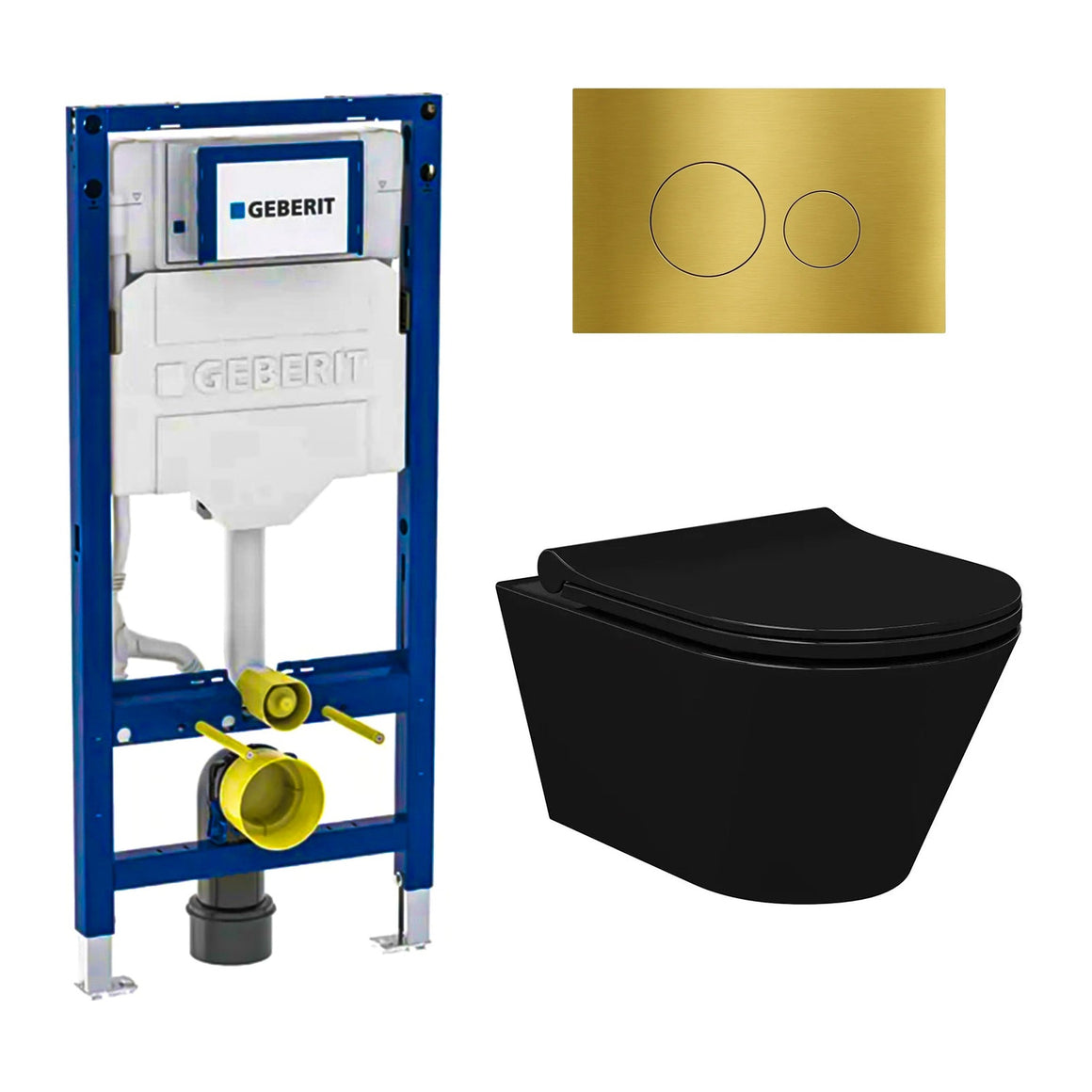 DutchLine Avva met bidet mat zwart toiletset met Geberit UP320 inbouwreservoir en DutchLine drukplaat geborsteld messing goud