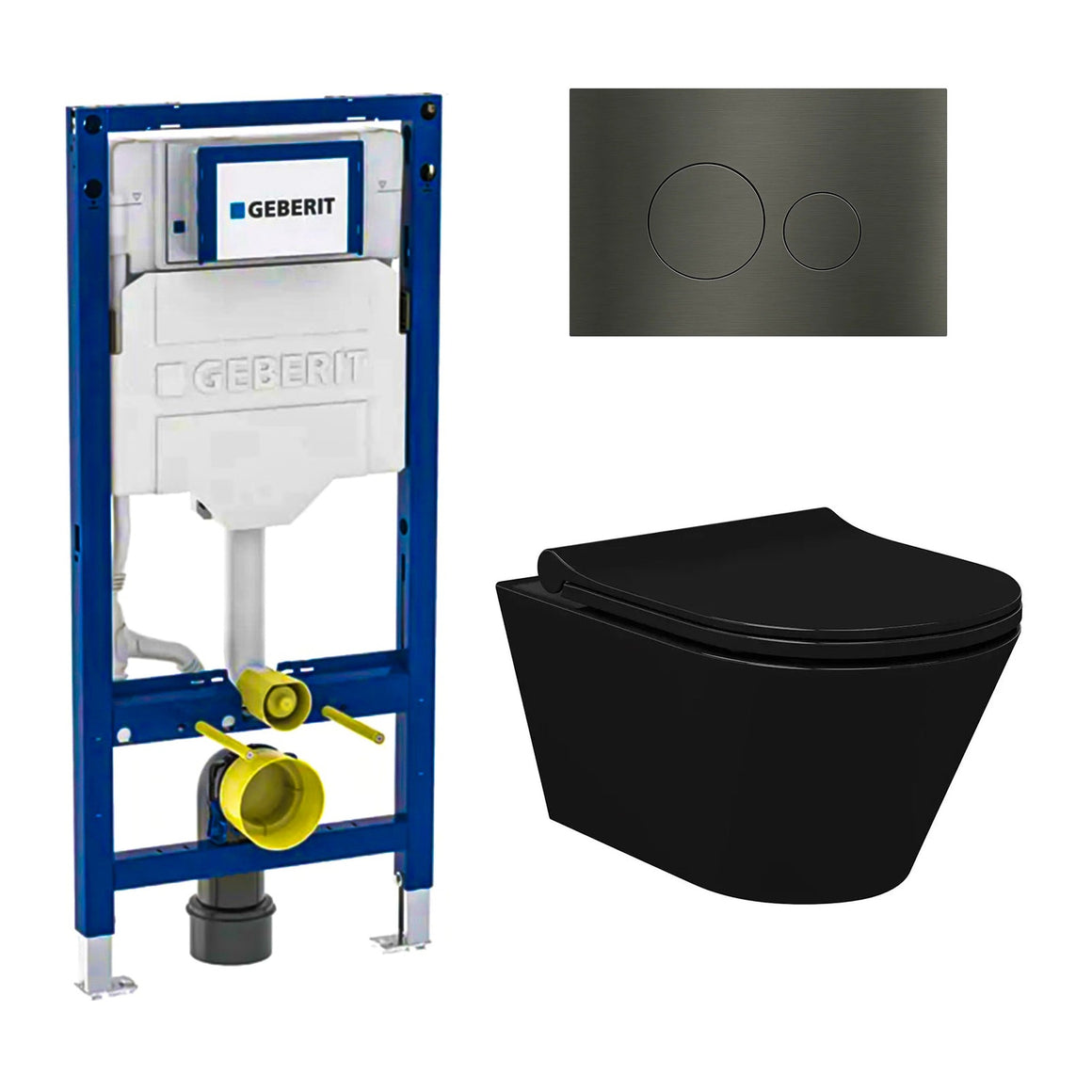 DutchLine Avva met bidet mat zwart toiletset met Geberit UP320 inbouwreservoir en DutchLine drukplaat gunmetal