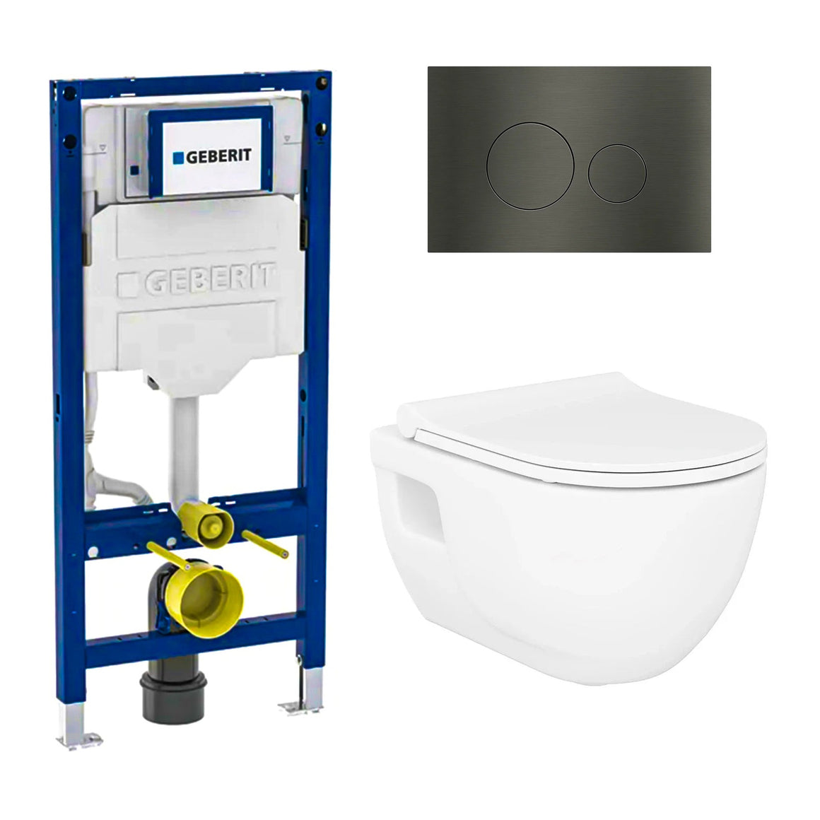 DutchLine Brilla glans wit toiletset met Geberit UP320 inbouwreservoir en DutchLine drukplaat gunmetal