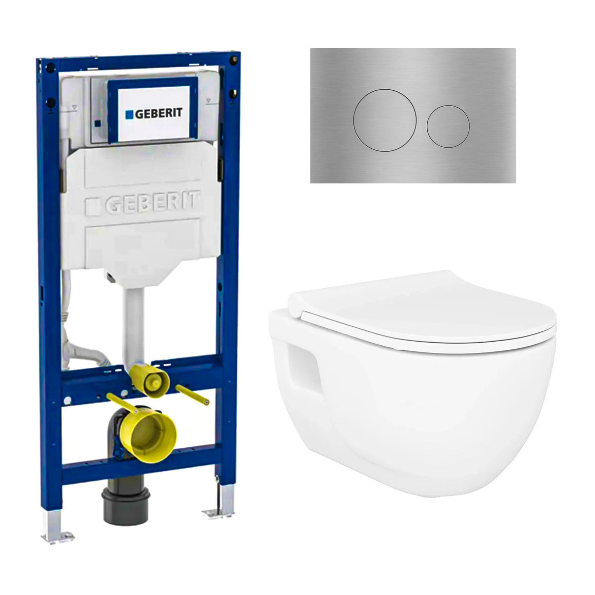 DutchLine Brilla met bidet glans wit toiletset met Geberit UP320 inbouwreservoir en DutchLine drukplaat geborsteld staal
