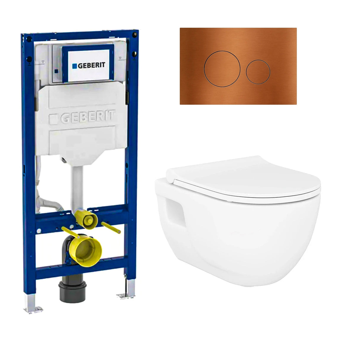 DutchLine Brilla met bidet glans wit toiletset met Geberit UP320 inbouwreservoir en DutchLine drukplaat geborsteld koper