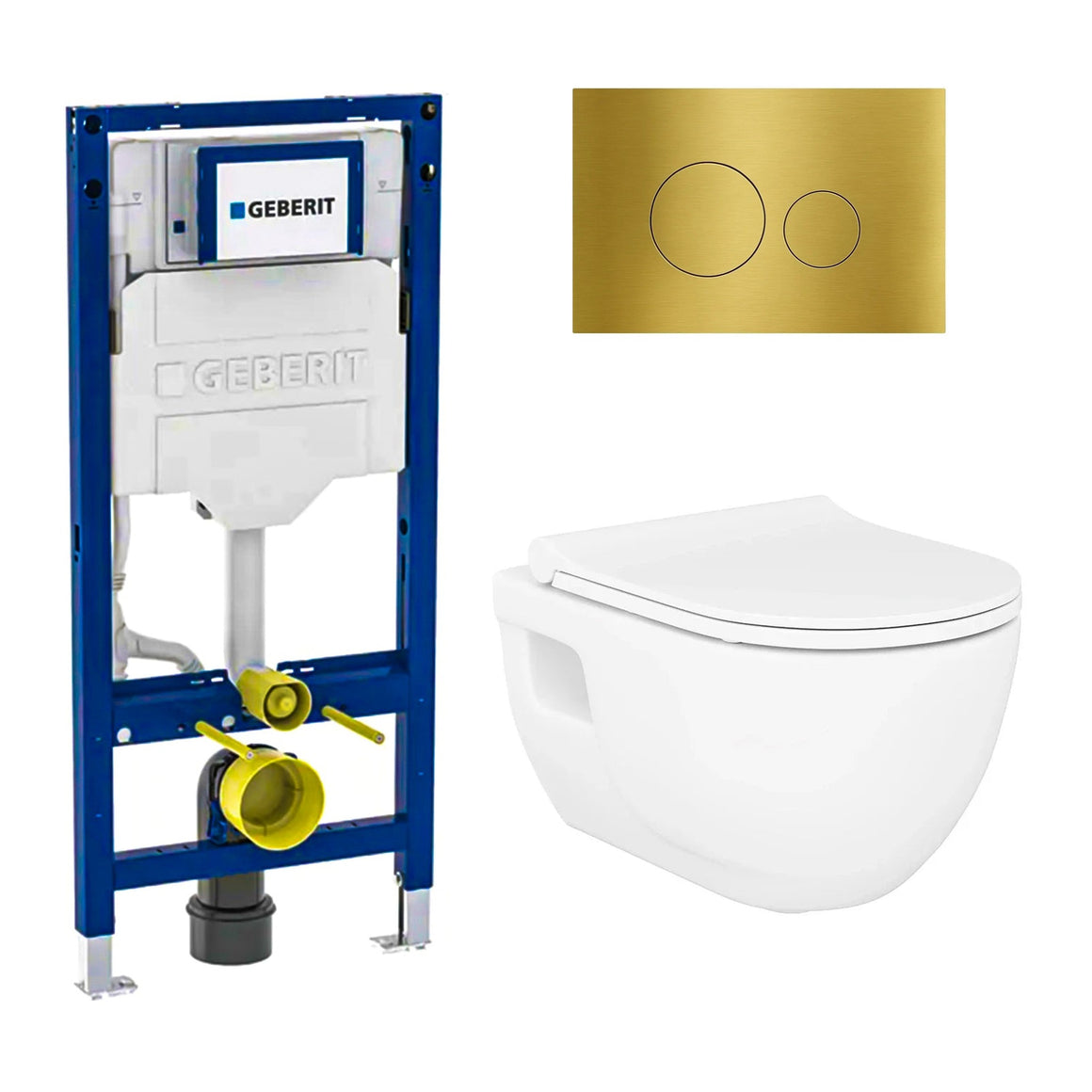 DutchLine Brilla met bidet glans wit toiletset met Geberit UP320 inbouwreservoir en DutchLine drukplaat geborsteld messing goud