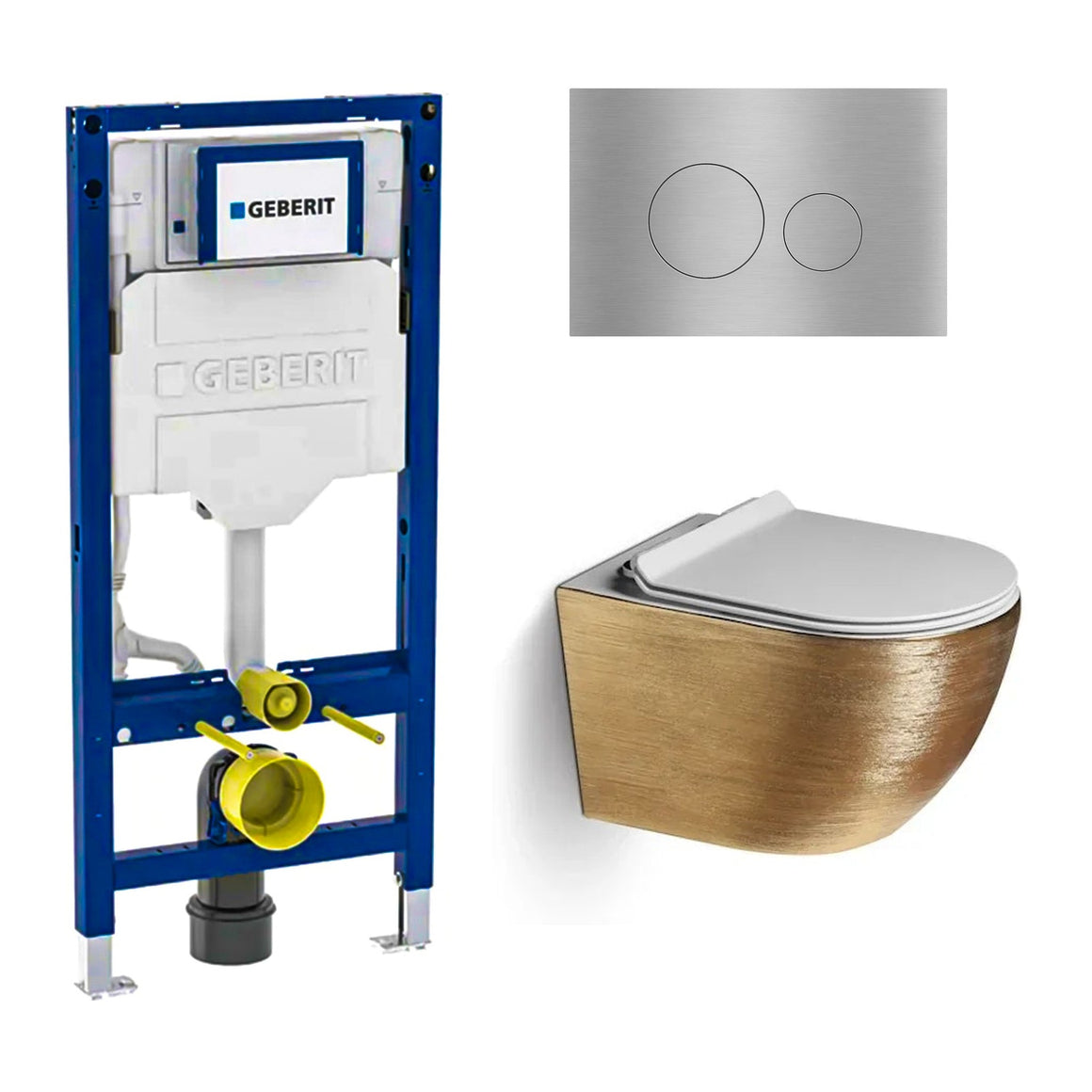 DutchLine Luccio Rimless geborsteld goud toiletset met Geberit UP320 inbouwreservoir en DutchLine drukplaat geborsteld staal