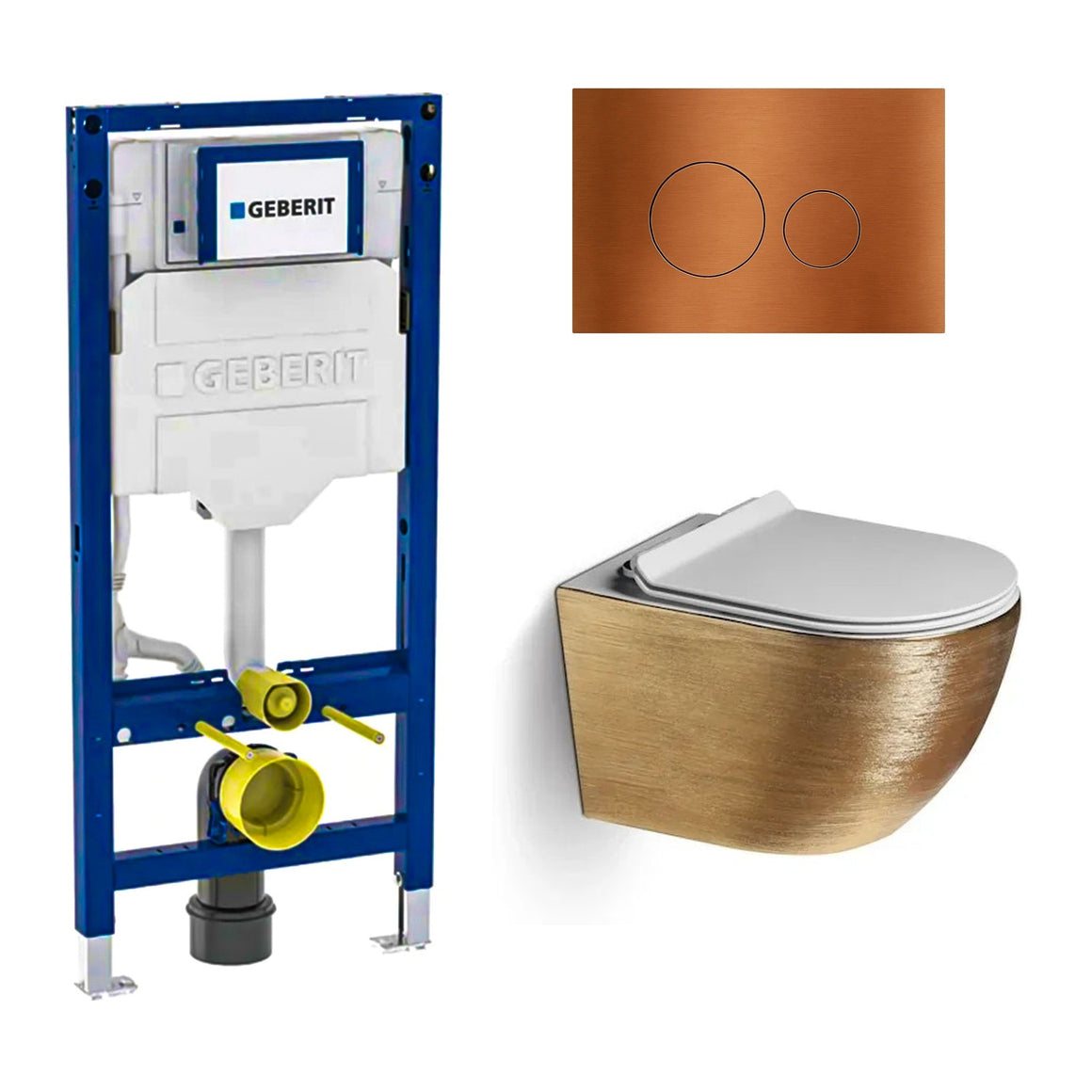 DutchLine Luccio Rimless geborsteld goud toiletset met Geberit UP320 inbouwreservoir en DutchLine drukplaat geborsteld koper