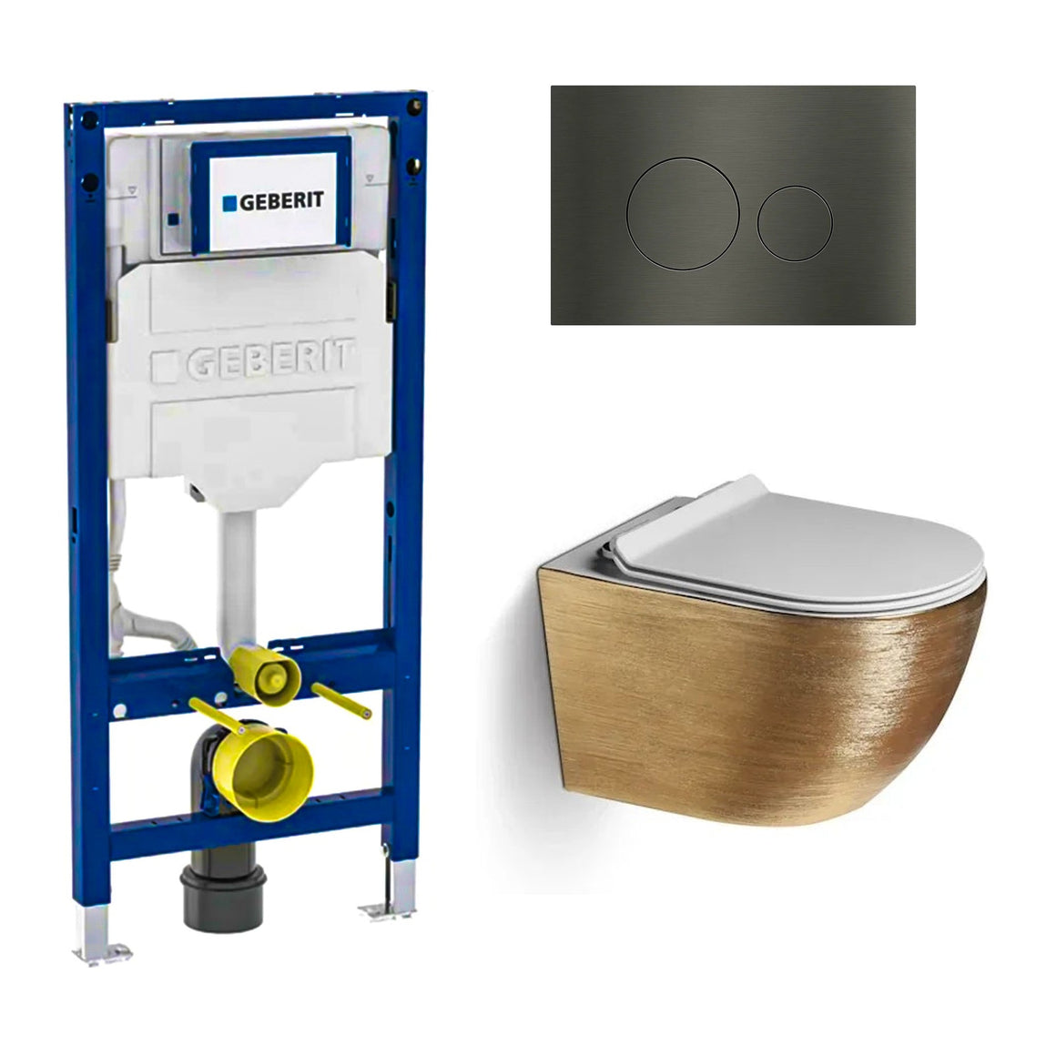 DutchLine Luccio Rimless geborsteld goud toiletset met Geberit UP320 inbouwreservoir en DutchLine drukplaat gunmetal