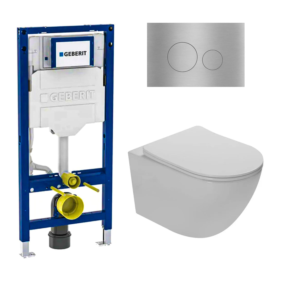 DutchLine Luccio Rimless glans wit toiletset met Geberit UP320 inbouwreservoir en DutchLine drukplaat geborsteld staal