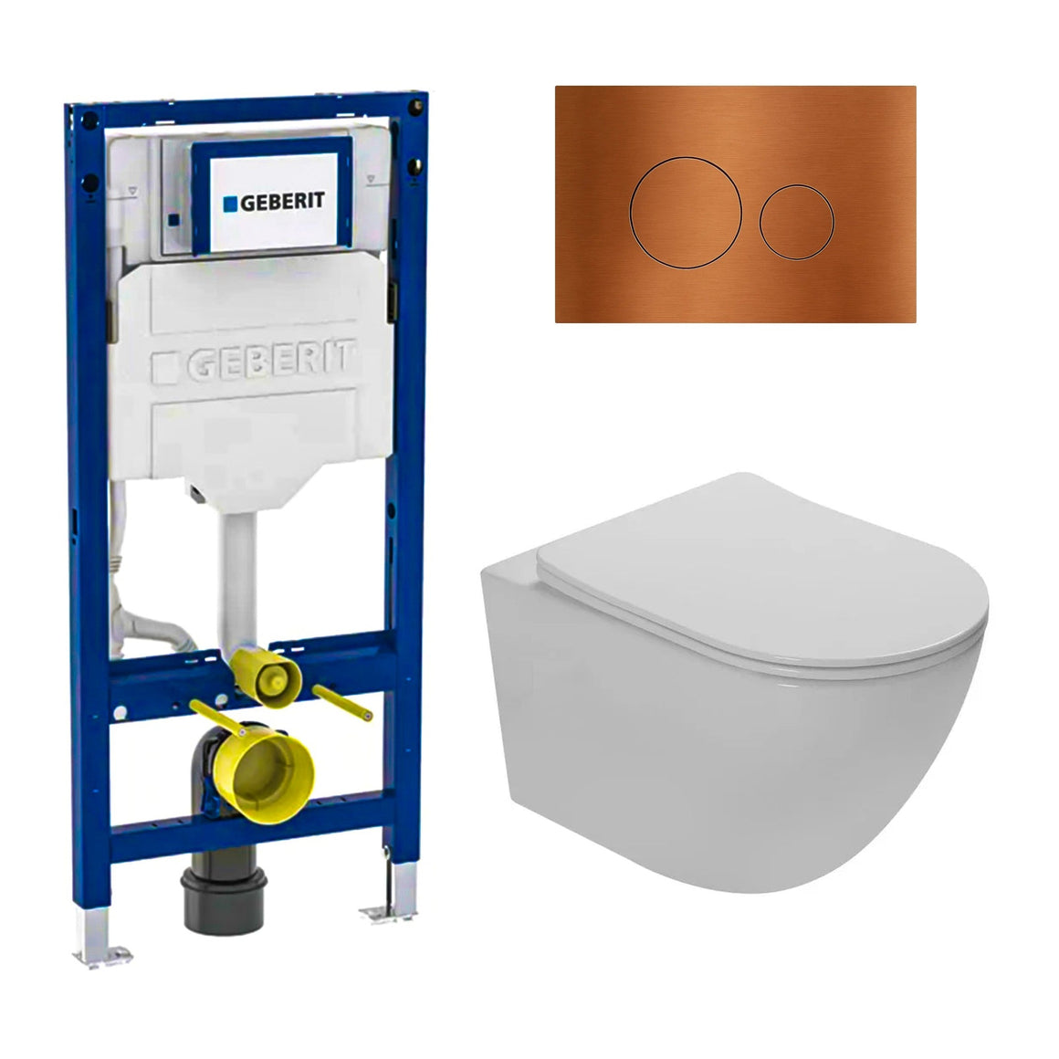 DutchLine Luccio Rimless glans wit toiletset met Geberit UP320 inbouwreservoir en DutchLine drukplaat geborsteld koper