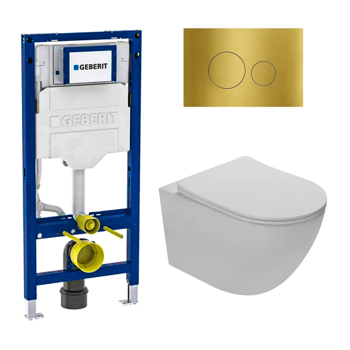 DutchLine Luccio Rimless glans wit toiletset met Geberit UP320 inbouwreservoir en DutchLine drukplaat geborsteld messing goud