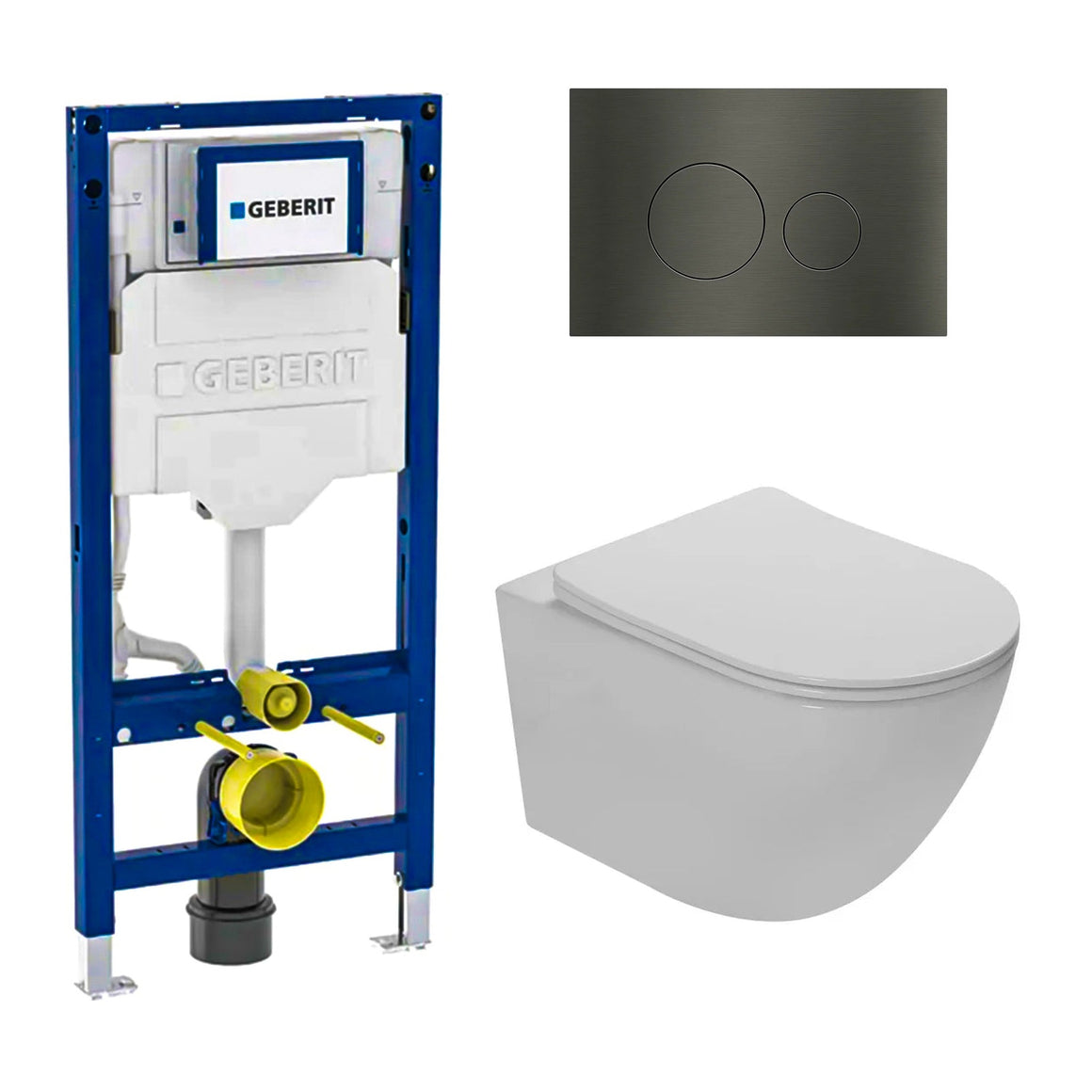 DutchLine Luccio Rimless glans wit toiletset met Geberit UP320 inbouwreservoir en DutchLine drukplaat gunmetal