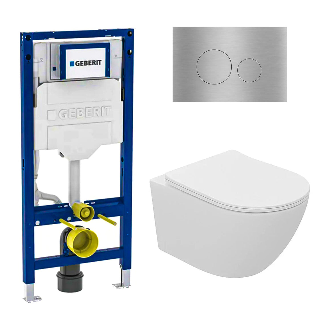 DutchLine Luccio Rimless mat wit toiletset met Geberit UP320 inbouwreservoir en DutchLine drukplaat geborsteld staal