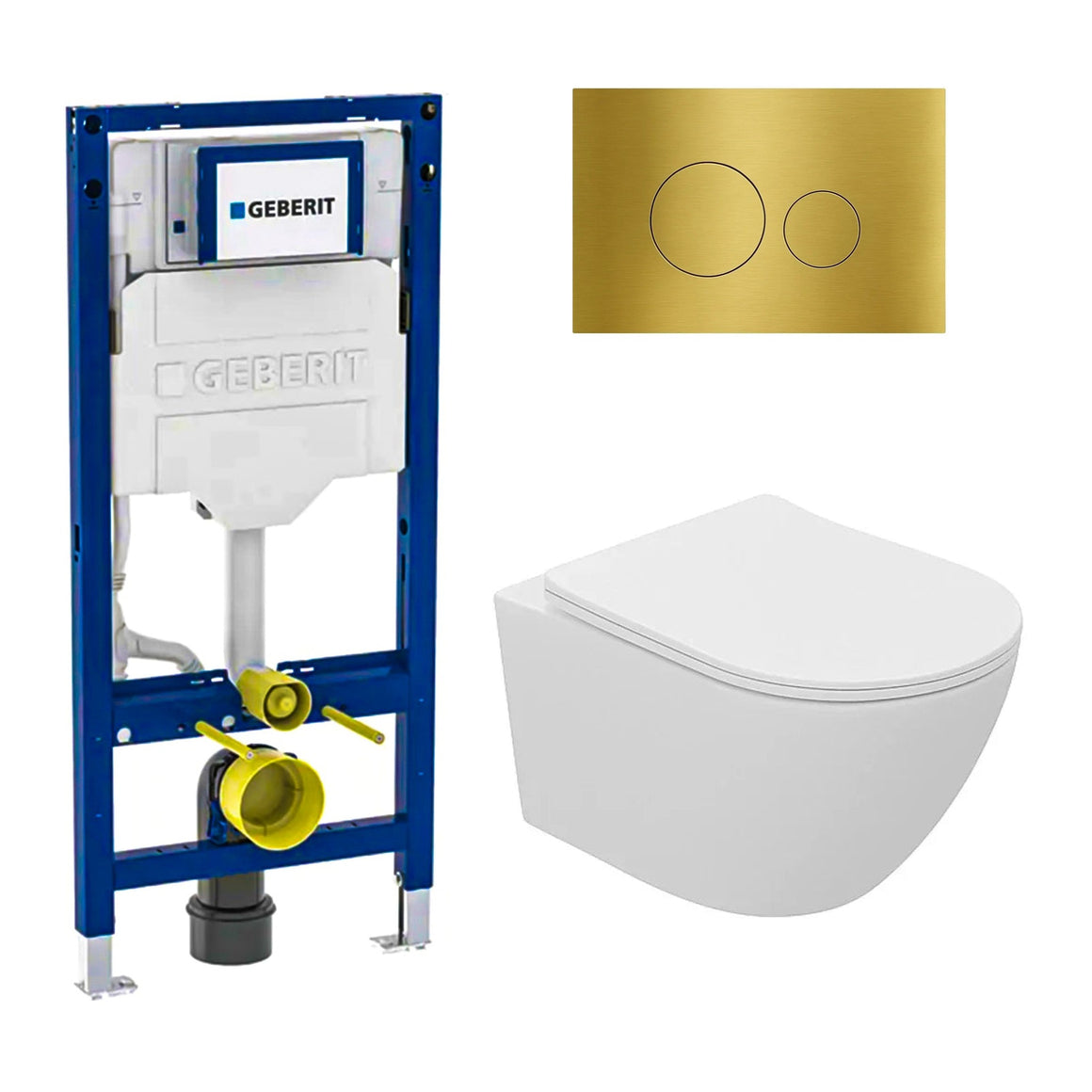 DutchLine Luccio Rimless mat wit toiletset met Geberit UP320 inbouwreservoir en DutchLine drukplaat geborsteld messing goud