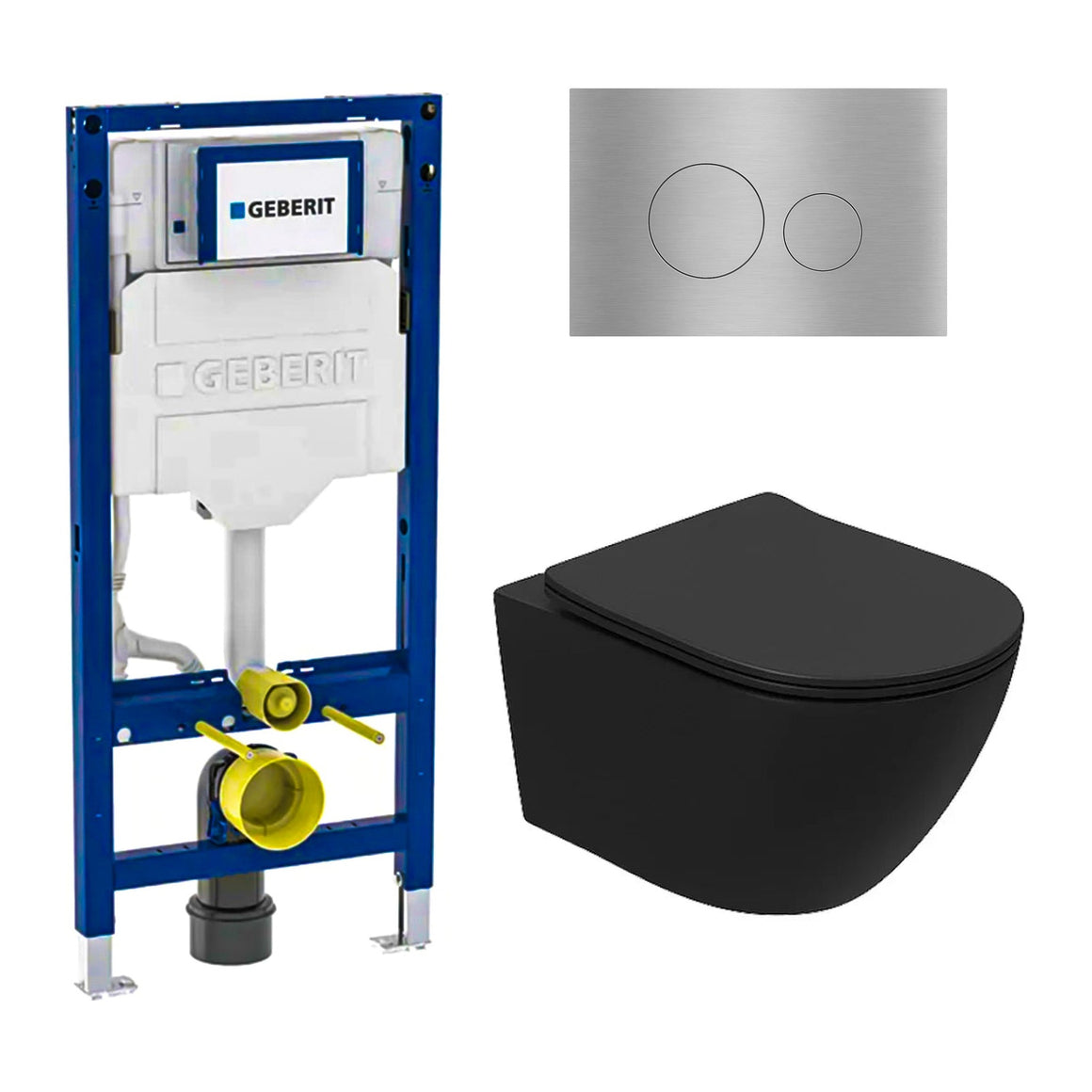 DutchLine Luccio Rimless mat zwart toiletset met Geberit UP320 inbouwreservoir en DutchLine drukplaat geborsteld staal
