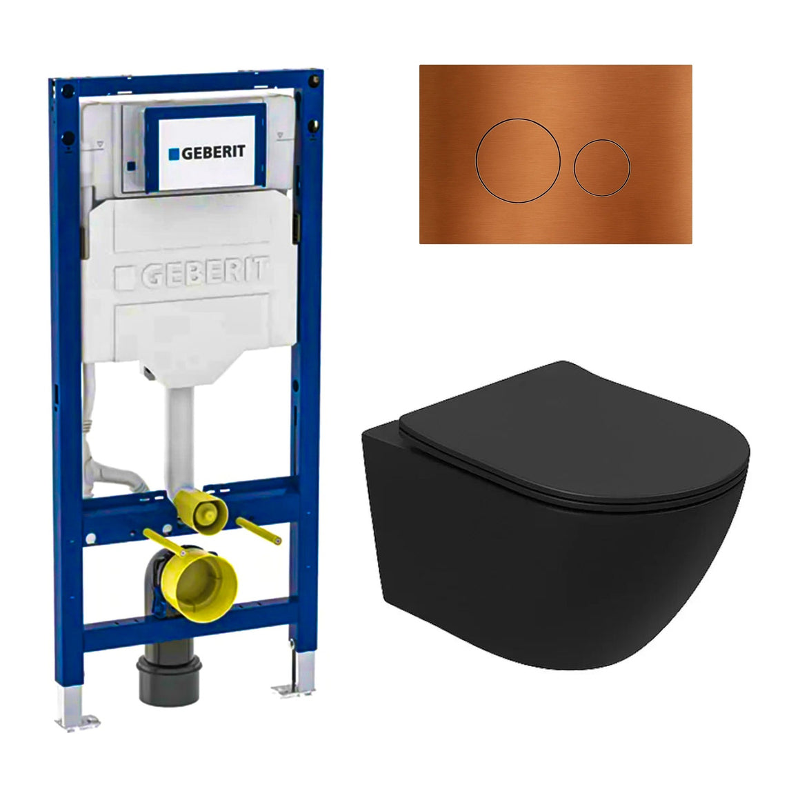 DutchLine Luccio Rimless mat zwart toiletset met Geberit UP320 inbouwreservoir en DutchLine drukplaat geborsteld koper